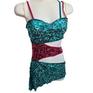 Reverence Salsa Sequin Dance Costume Adult XS Teal Pink Cutout Dress Rave Outfit